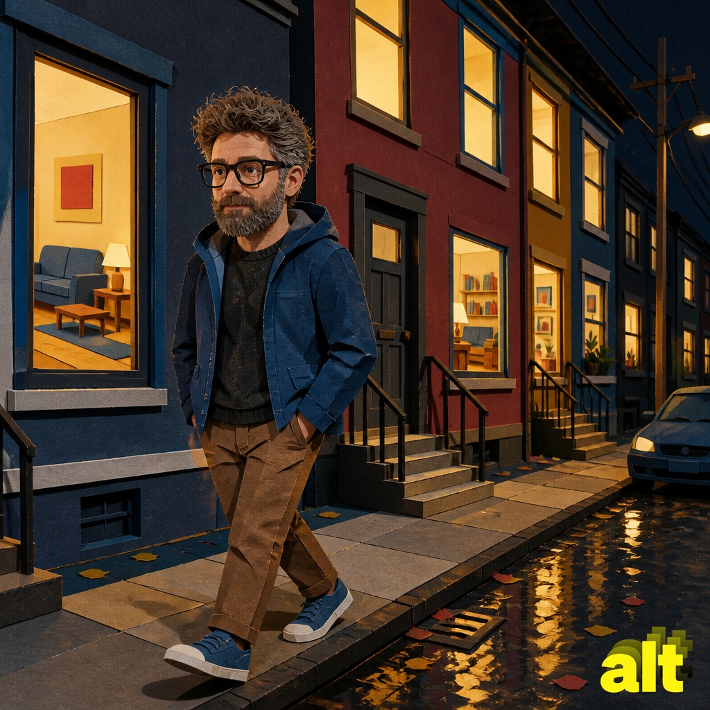 Paper Zach walking alone past a window at night