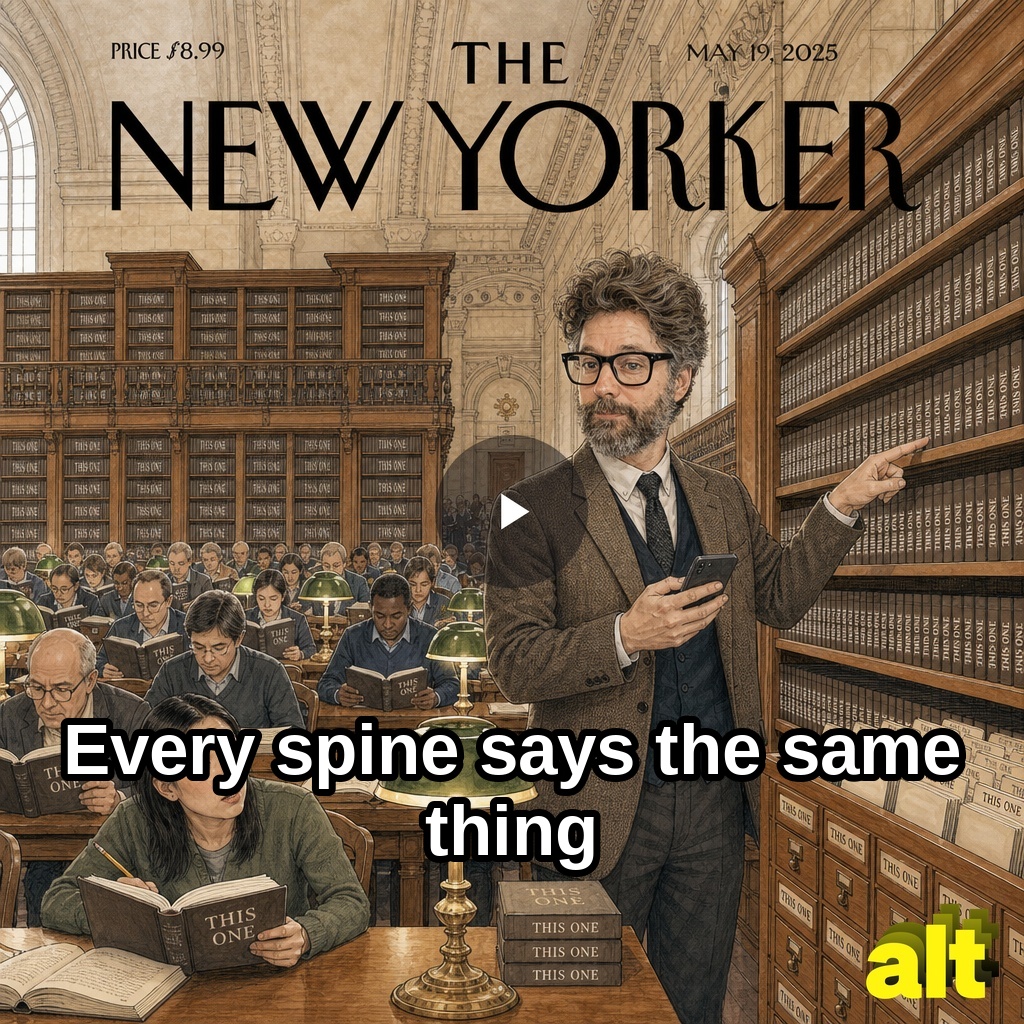 Cover of This One: a New Yorker-style library where every book is the same book, with the first lyric and a play button